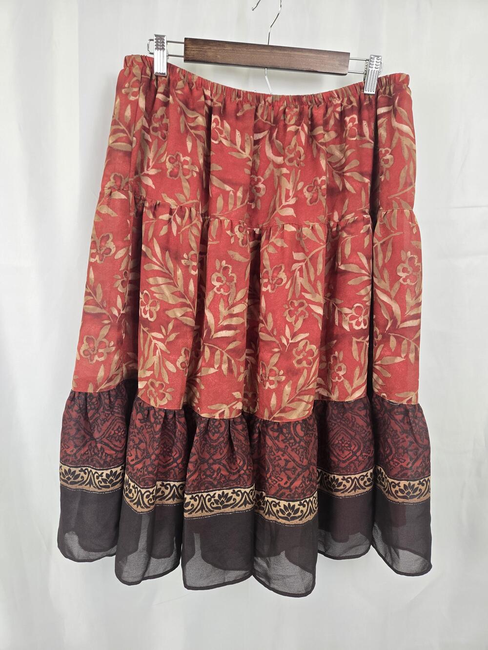 Emma James Skirt Womens 16WP Red Floral Tiered Boho Peasant Lined Midi Elastic